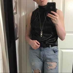 Vintage Mock Neck Sleeveless Top, Wet Look